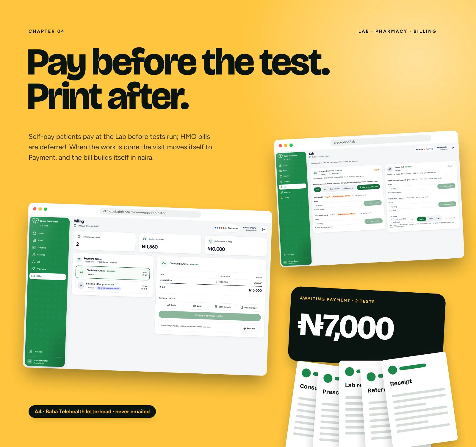 Billing screen with an awaiting payment total of ₦7,000 and printed documents