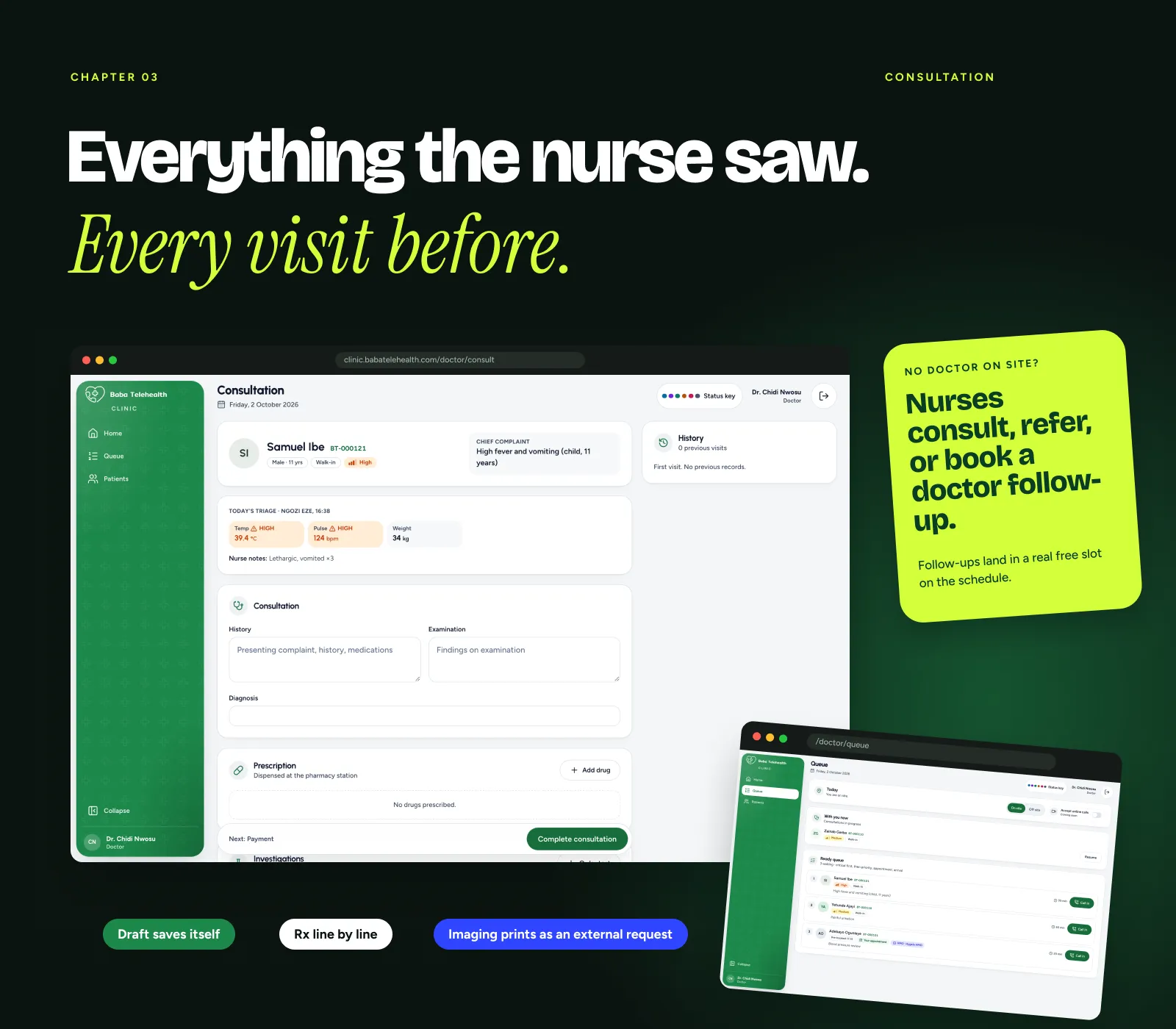 Consultation workspace with patient history and the no-doctor mode card