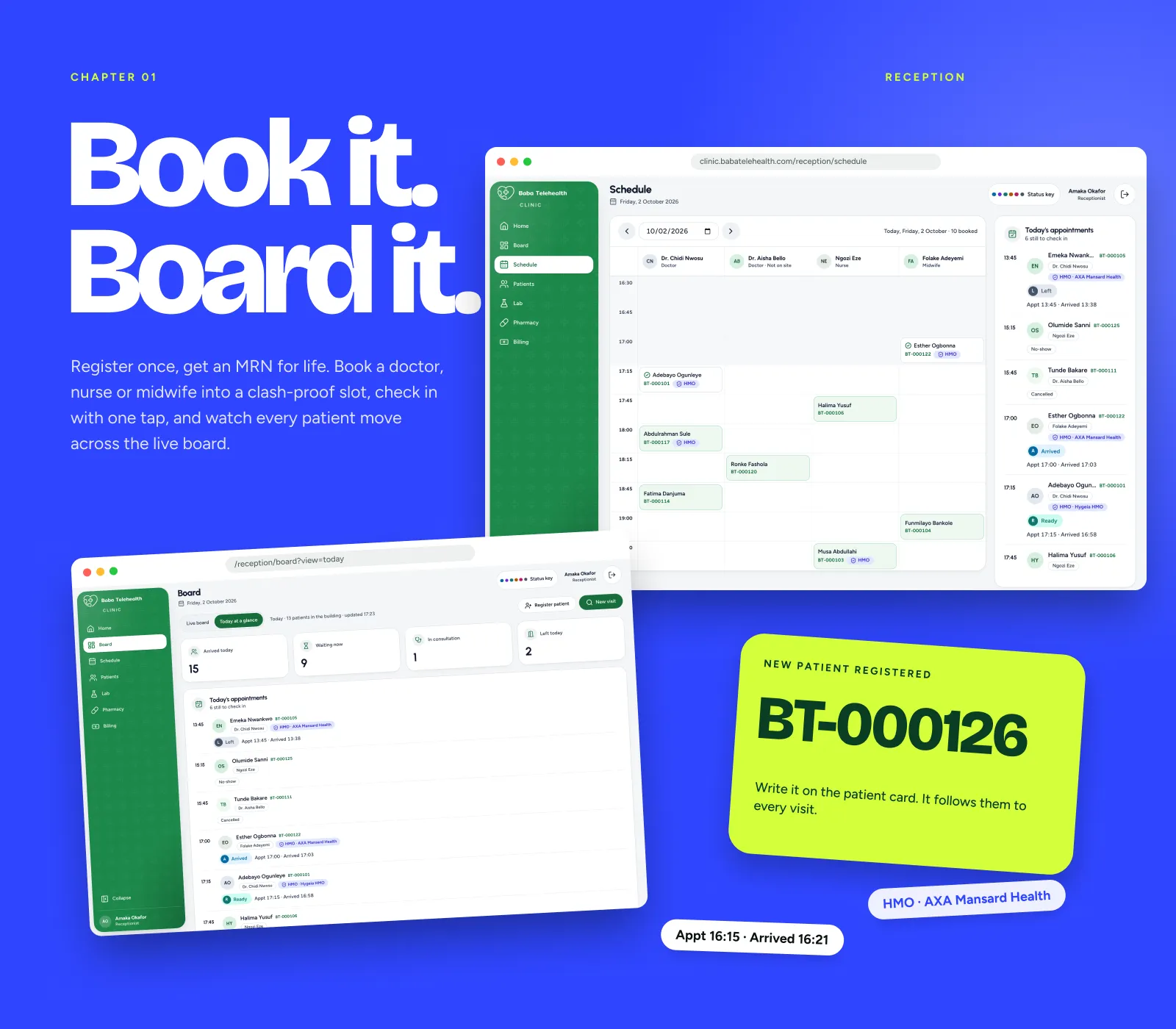 Reception schedule and live board with a new patient record number issued