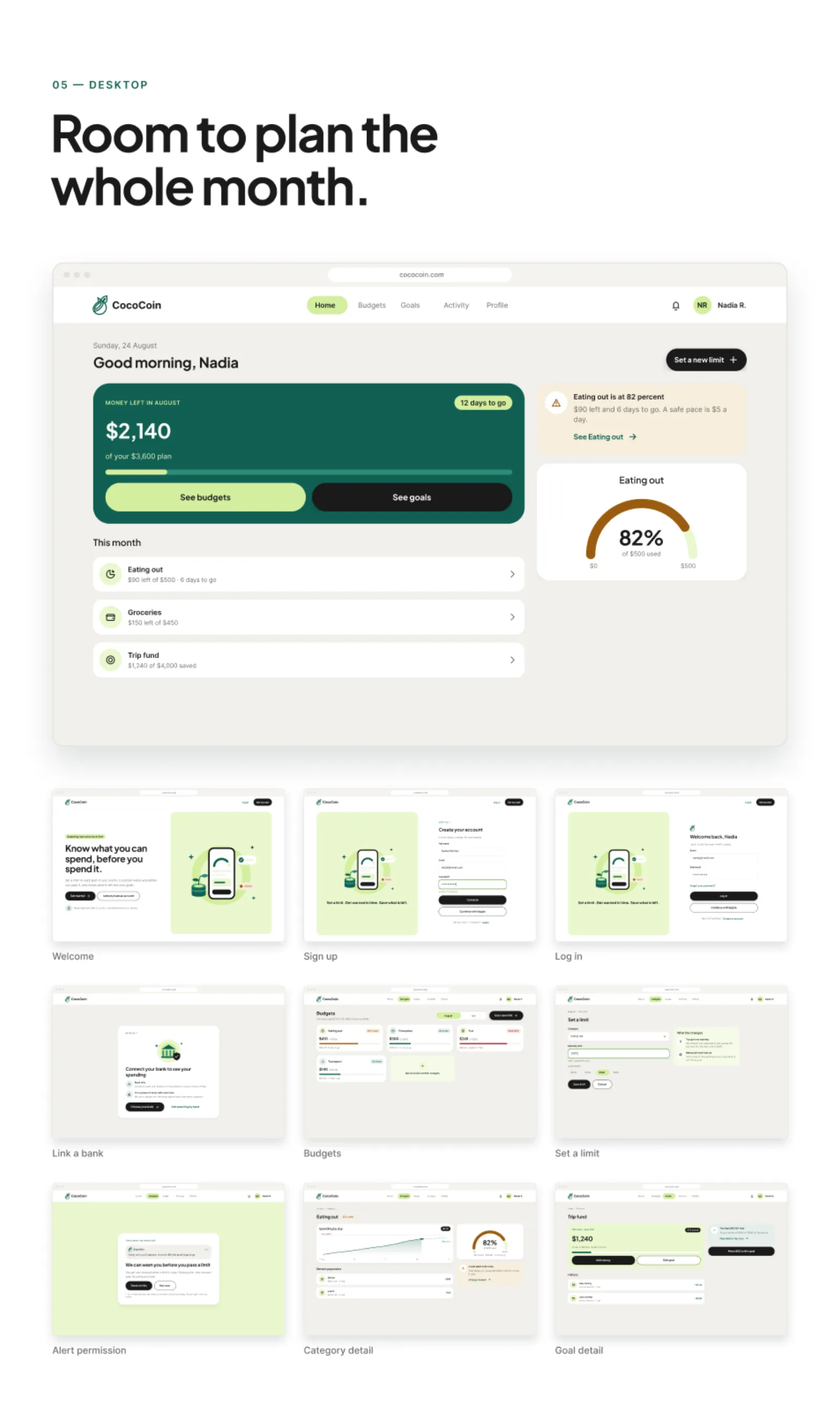 CocoCoin desktop dashboard with budgets, goals and a spending gauge
