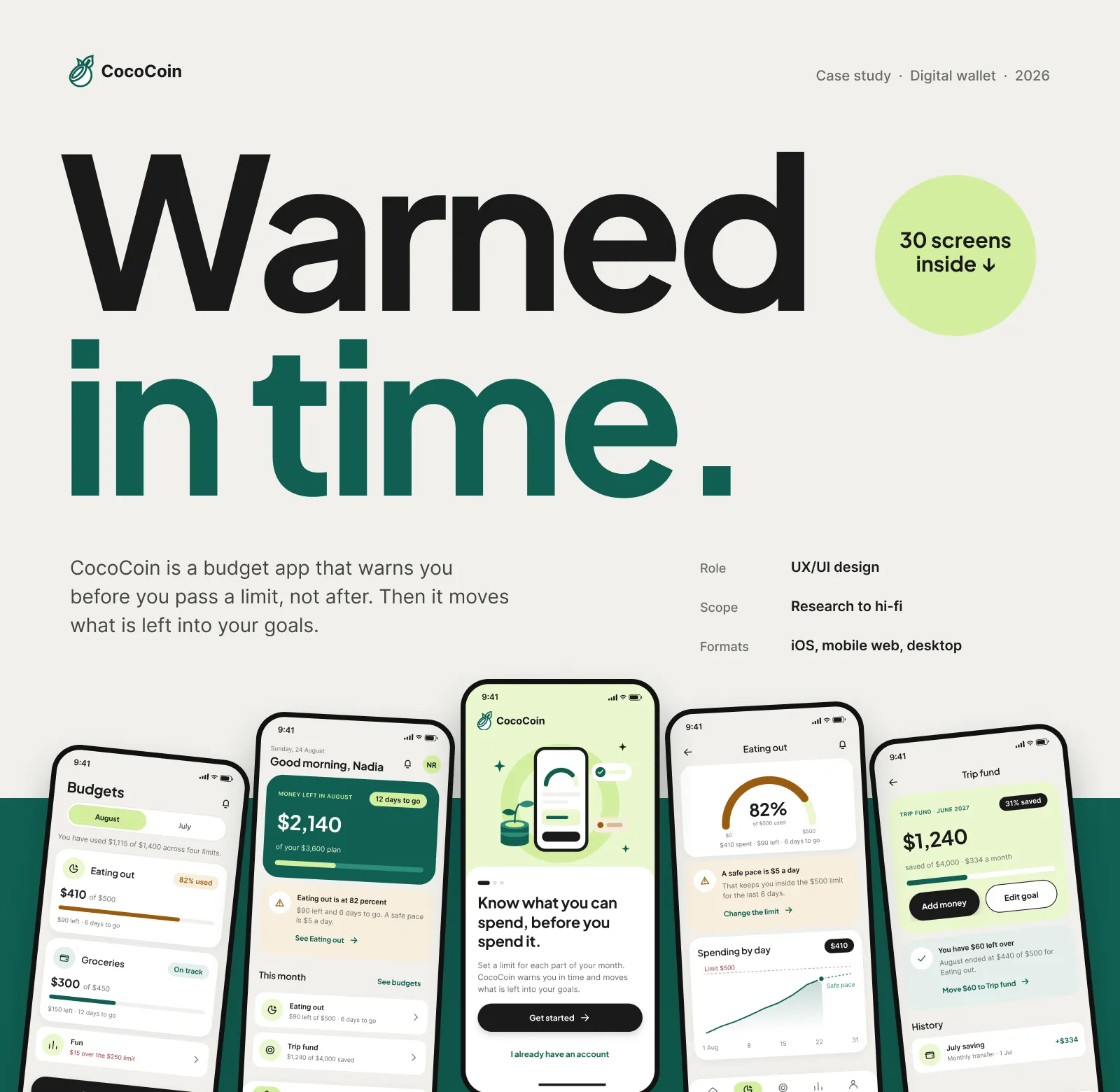 CocoCoin hero: “Warned in time.” above five iPhone screens of the budget app
