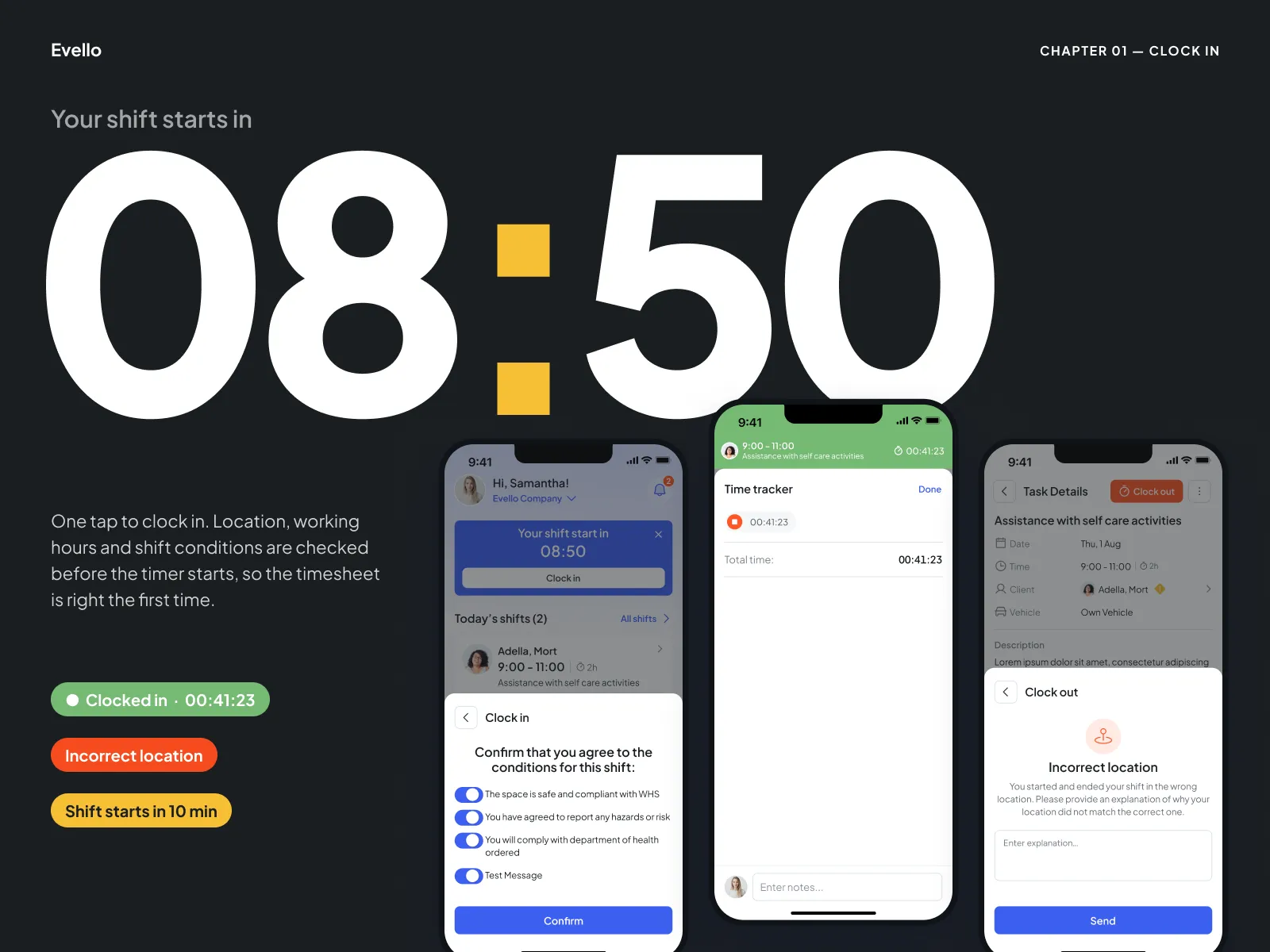 Clock-in flow with location check, conditions to confirm and a running timer