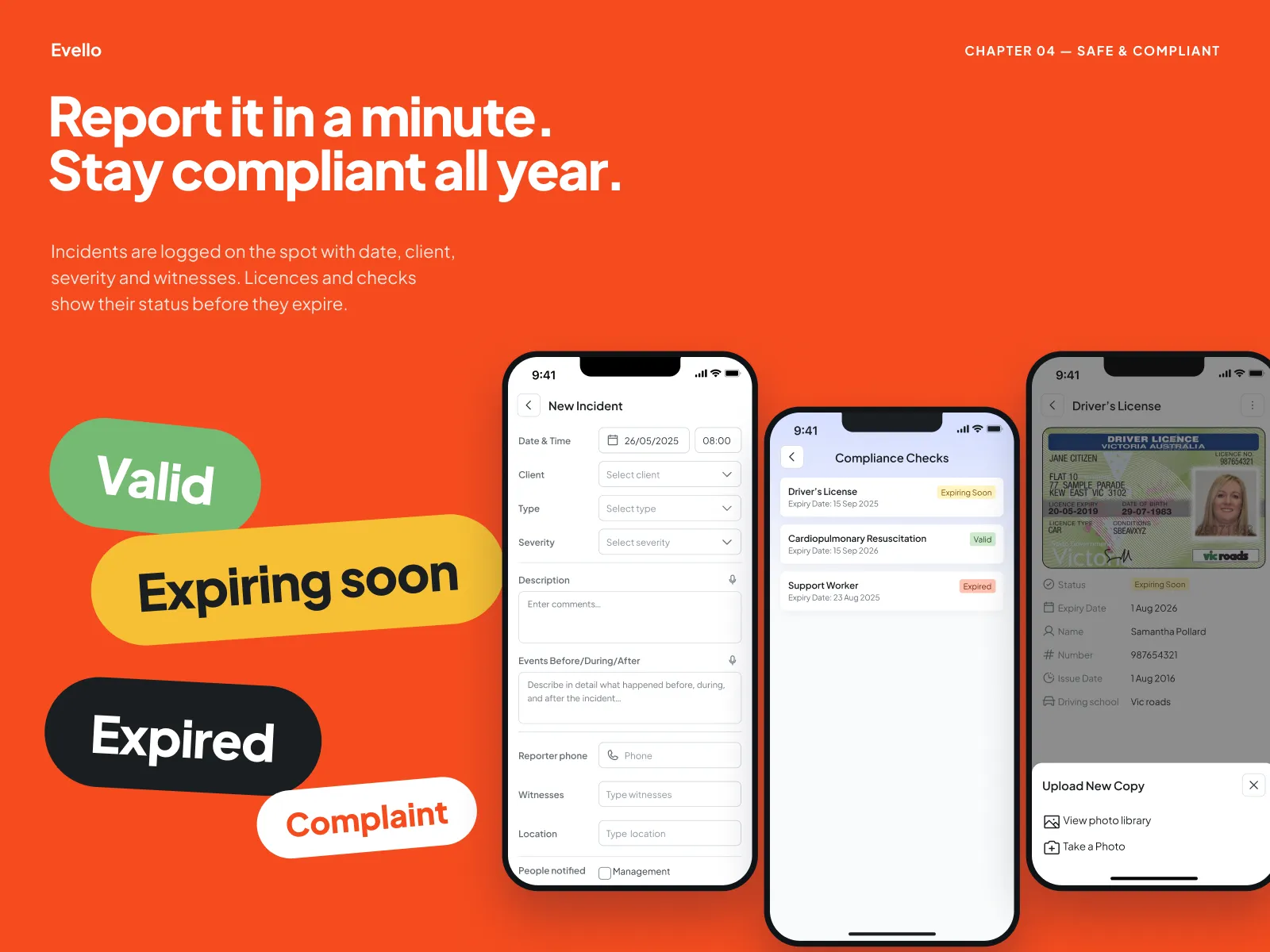 Incident report form and compliance checks with valid and expiring licence tags