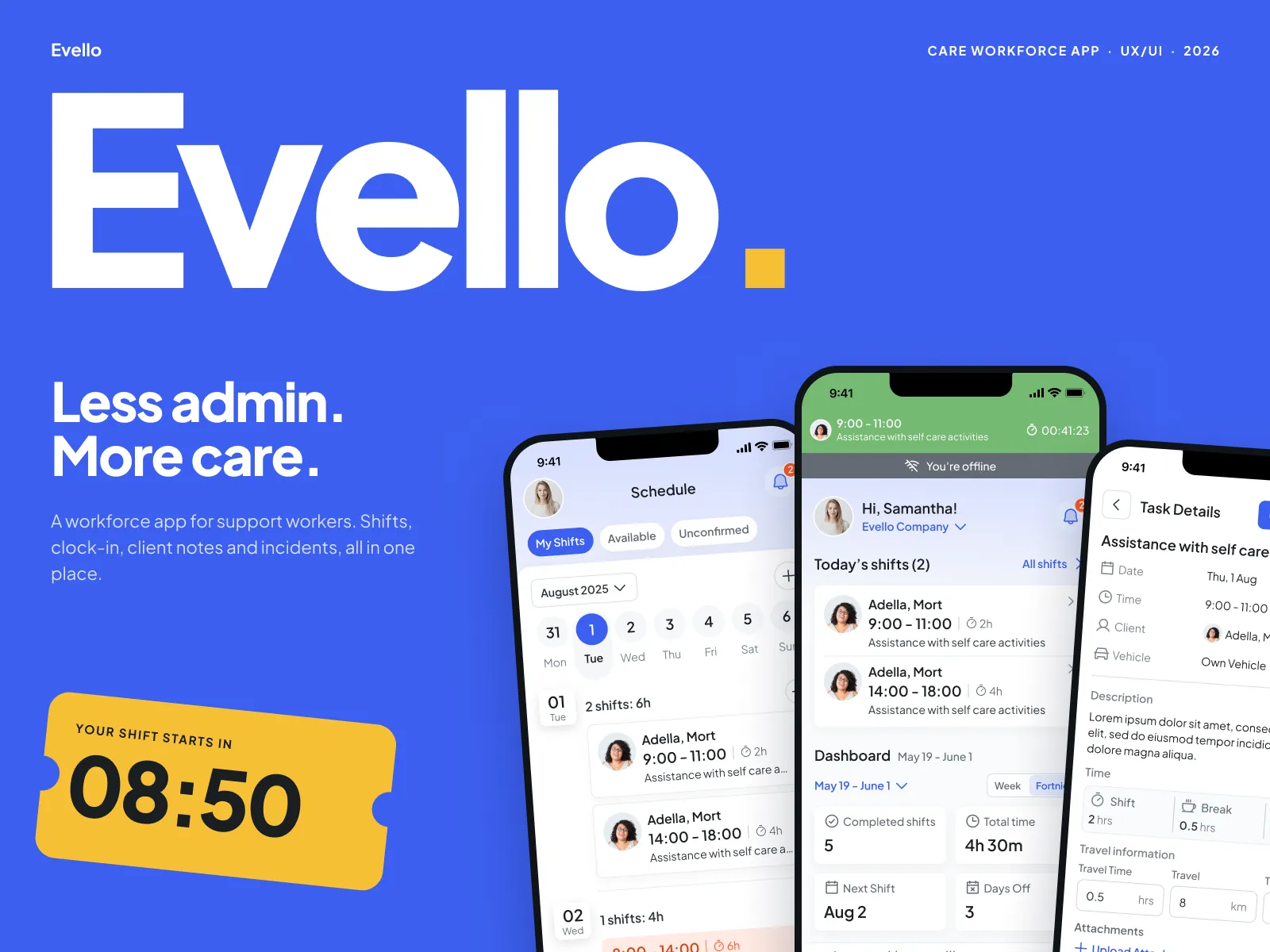 Evello hero: a shift ticket reading 08:50 next to the schedule and dashboard screens