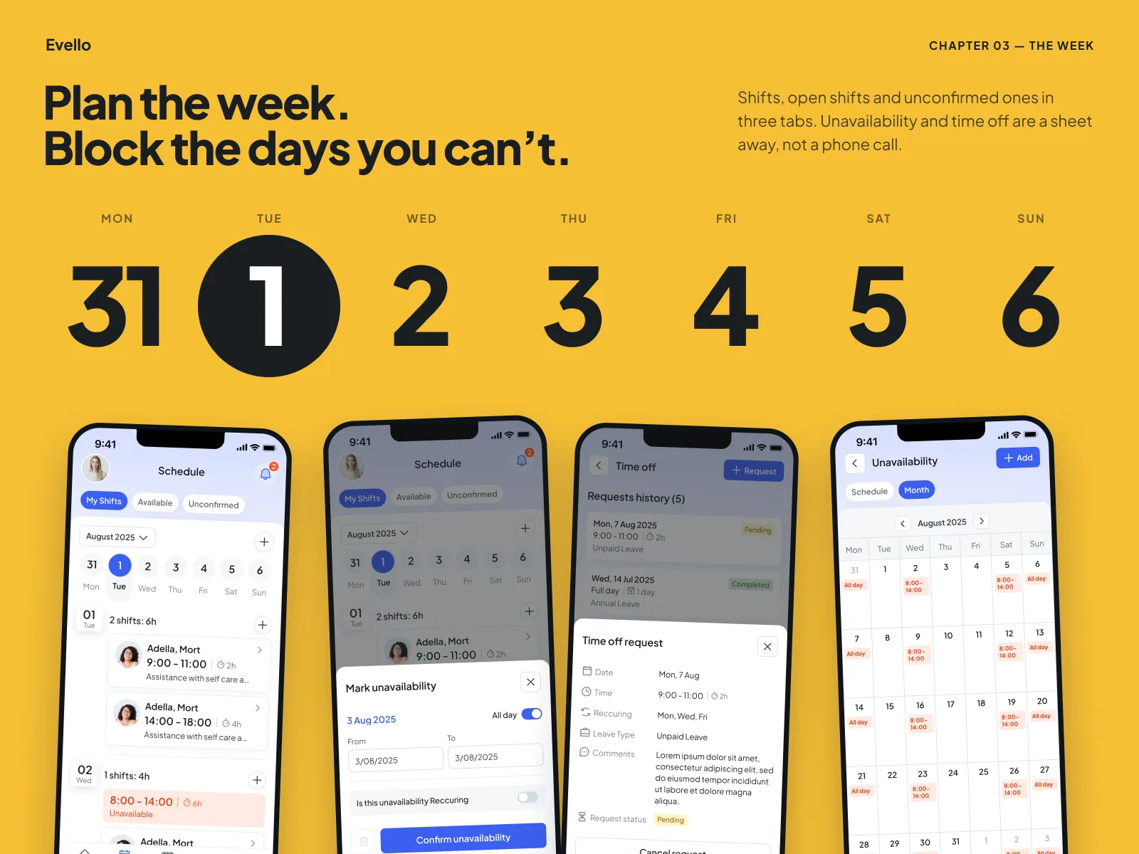 Week schedule with open shifts and the mark unavailability sheet