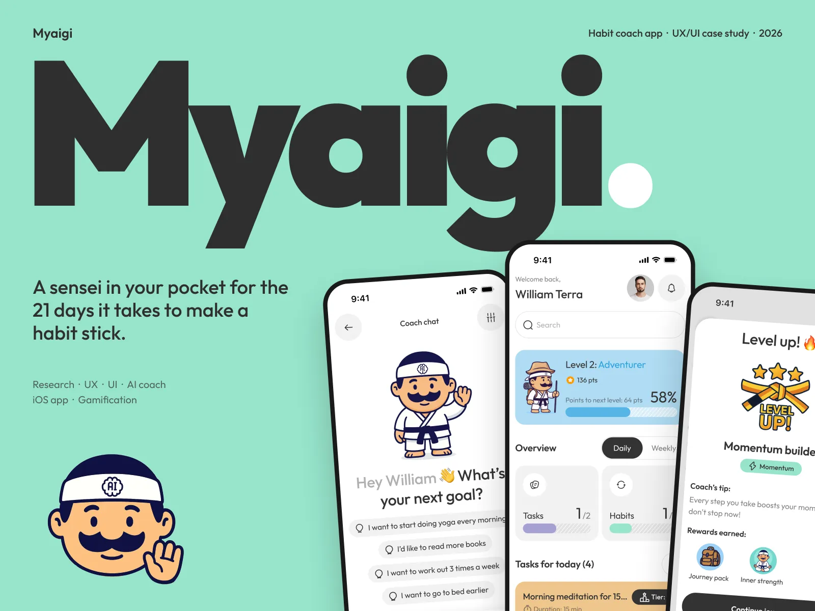 Myaigi app hero: a cartoon sensei beside the coach chat and daily overview screens