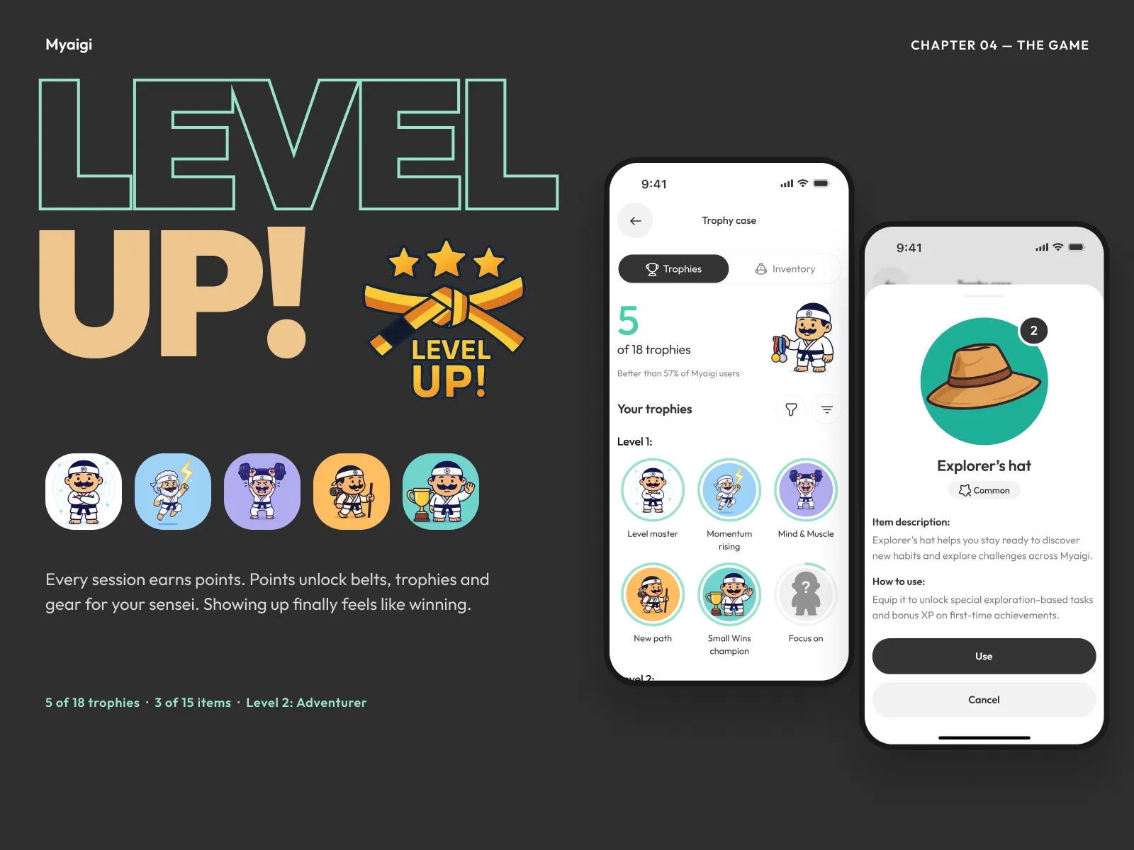 Trophy case and level-up screens with belts and unlockable sensei gear