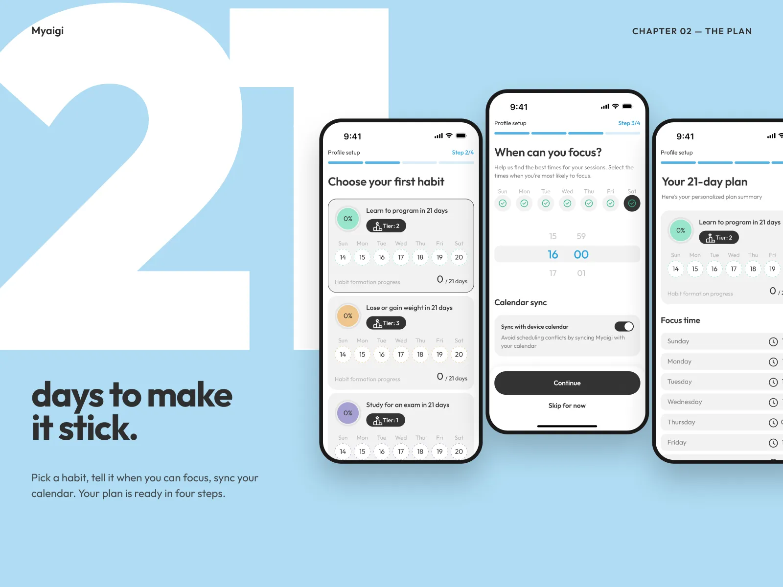 Plan setup: choose a habit, pick focus times and see the 21-day plan